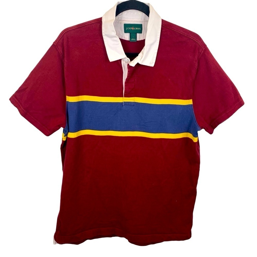 J. Crew sz L Rugby Polo Shirt Men's Burgundy Blue Yellow Short Sleeve Academia
